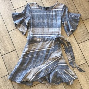 Striped Linen-Blend Flutter Sleeve Wrap Dress